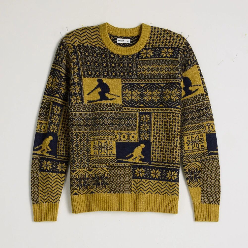 Sonoma Goods For Life Men XXL Fair Isle Patchwork Crewneck Sweater Mustard Navy